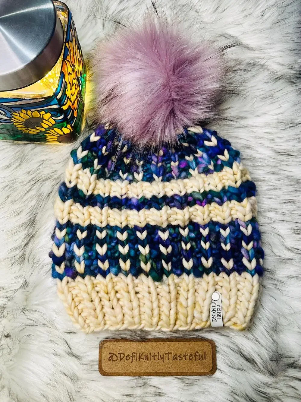 Hand Knit Merino Wool Scrappy Into Your Heart Beanie: Faux Fur Pom - Adult Size